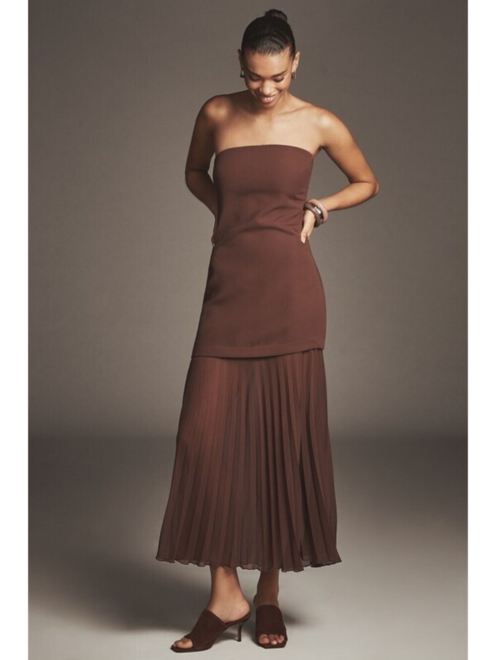 Anthropologie - Strapless Brown Twofer Sheer Pleated Maxi Dress, Size S